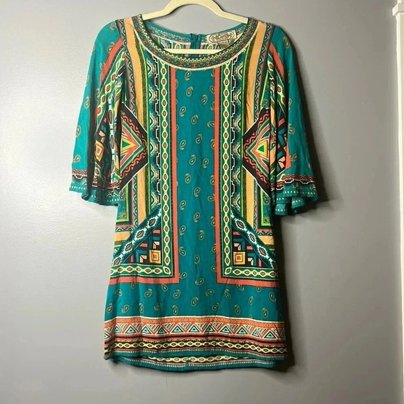 Flying Tomato Dress Bohemian Print with bell sleeves size small - Picture 1 of 5